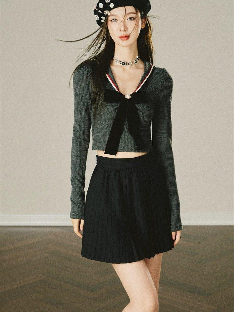 1P STUDIO Preppy Knit Sweater Pleated Skirt Women&