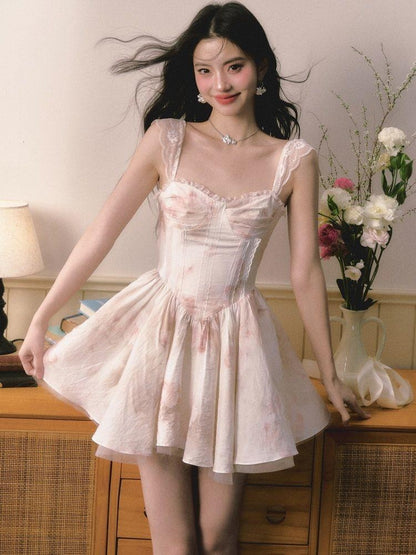 1P STUDIO Puff A Line Lace Trim Cinched Waist Women&