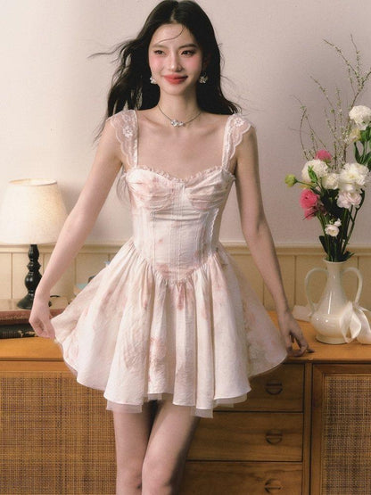 1P STUDIO Puff A Line Lace Trim Cinched Waist Women&