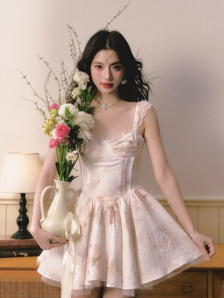 1P STUDIO Puff A Line Lace Trim Cinched Waist Women&