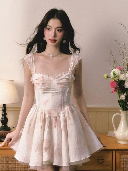 1P STUDIO Puff A Line Lace Trim Cinched Waist Women&