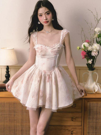 1P STUDIO Puff A Line Lace Trim Cinched Waist Women&