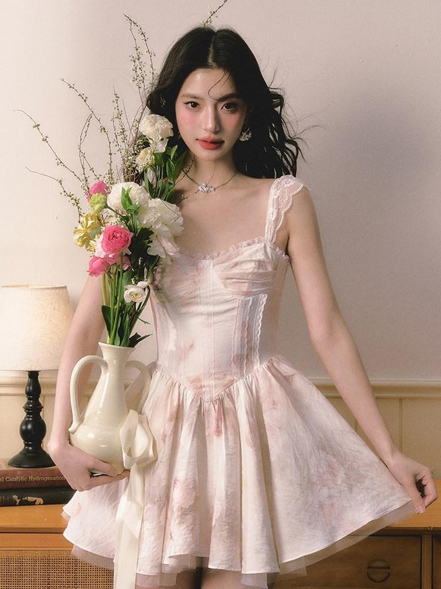 1P STUDIO Puff A Line Lace Trim Cinched Waist Women&