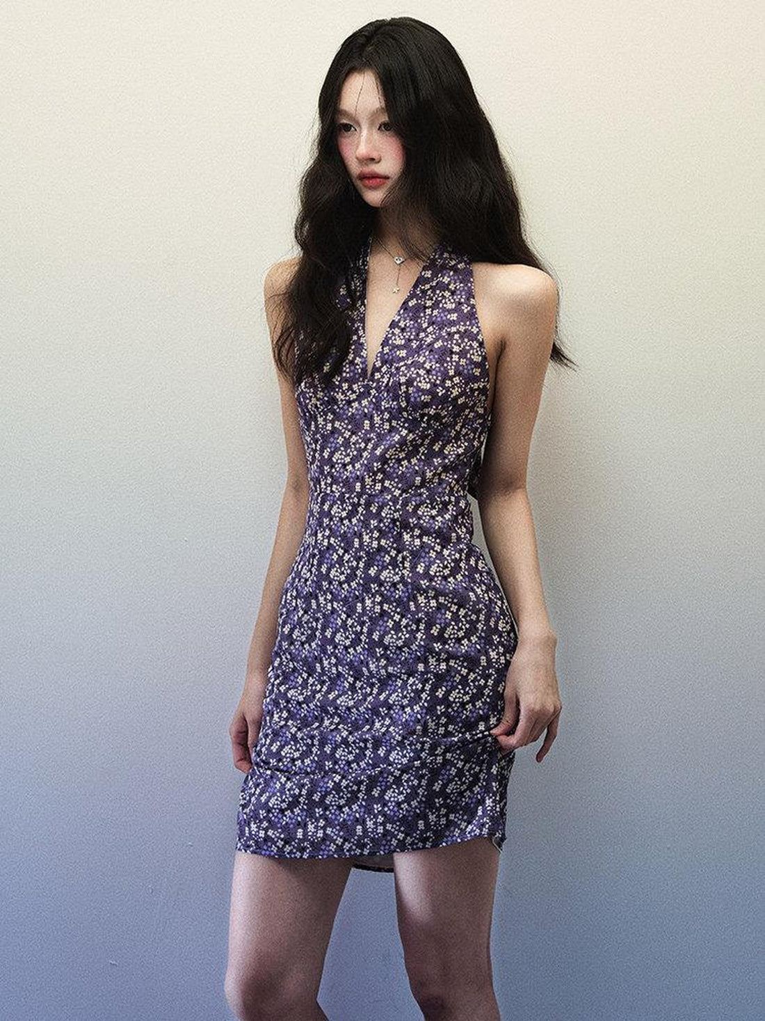 1P STUDIO Purple Floral V-neck Backless Waist Cinch Women&