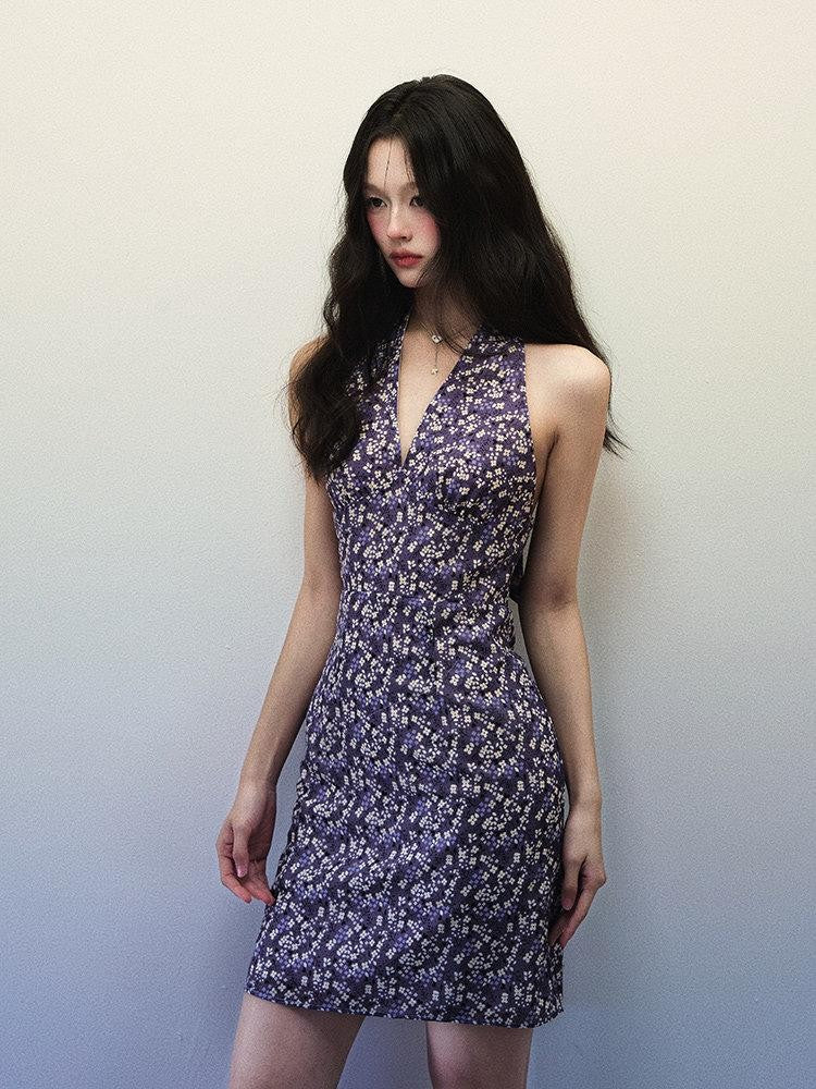 1P STUDIO Purple Floral V-neck Backless Waist Cinch Women&