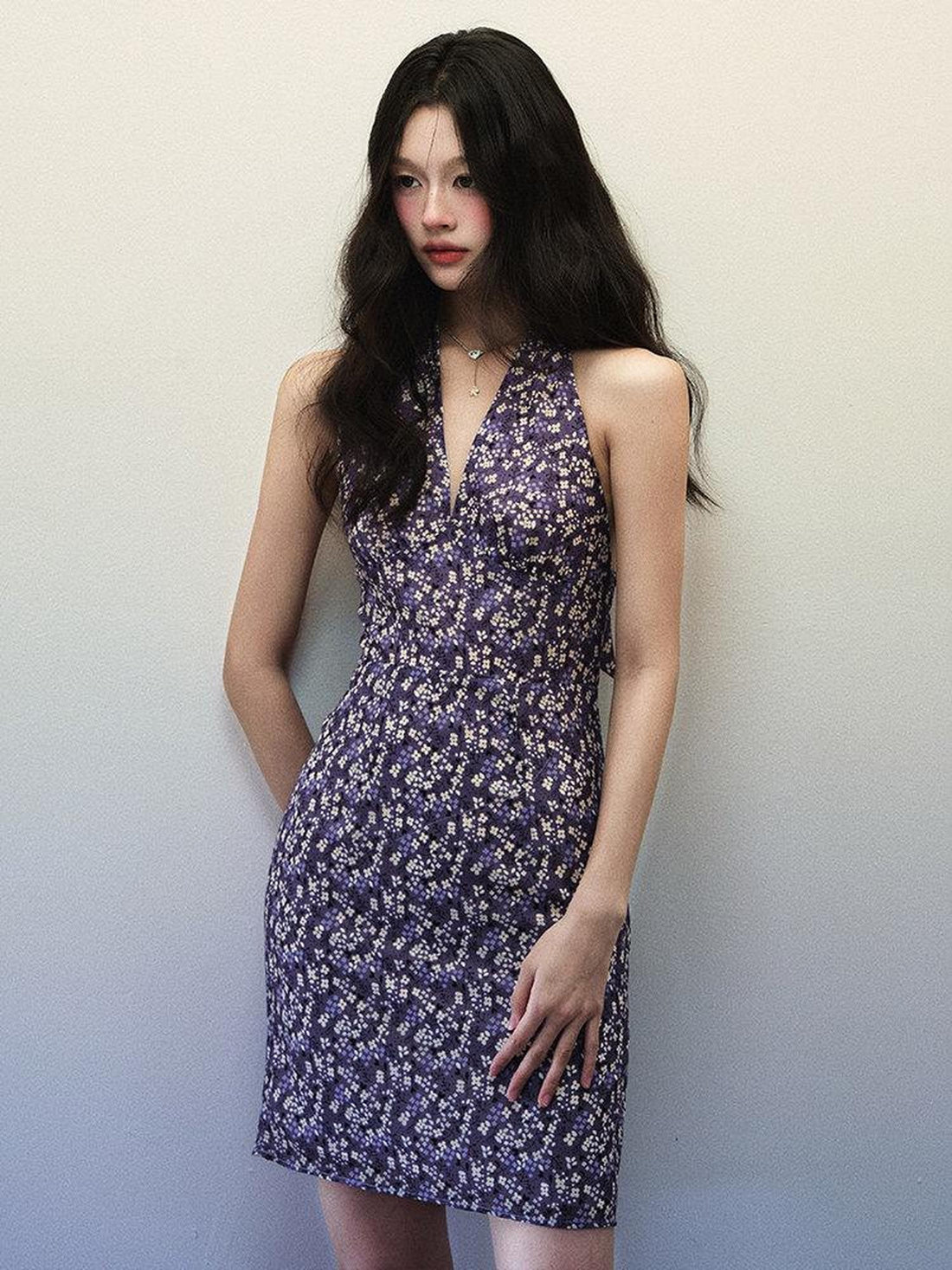 1P STUDIO Purple Floral V-neck Backless Waist Cinch Women&