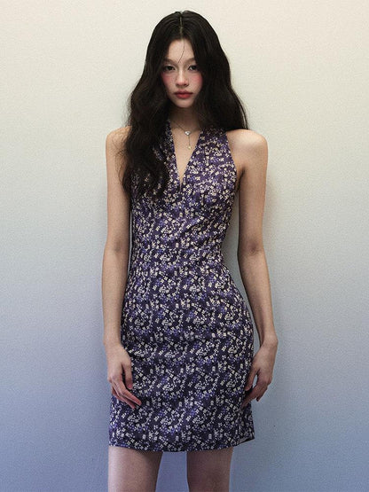 1P STUDIO Purple Floral V-neck Backless Waist Cinch Women&