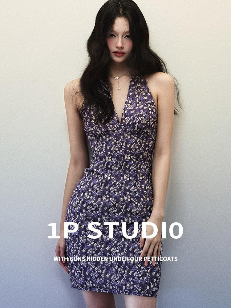 1P STUDIO Purple Floral V-neck Backless Waist Cinch Women&