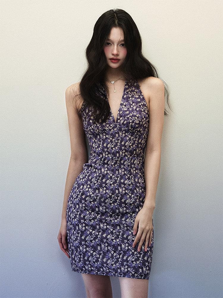 1P STUDIO Purple Floral V-neck Backless Waist Cinch Women&