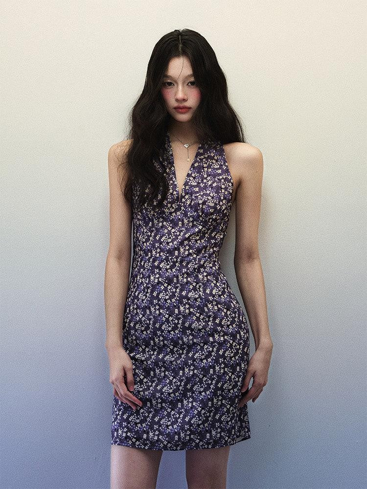 1P STUDIO Purple Floral V-neck Backless Waist Cinch Women&
