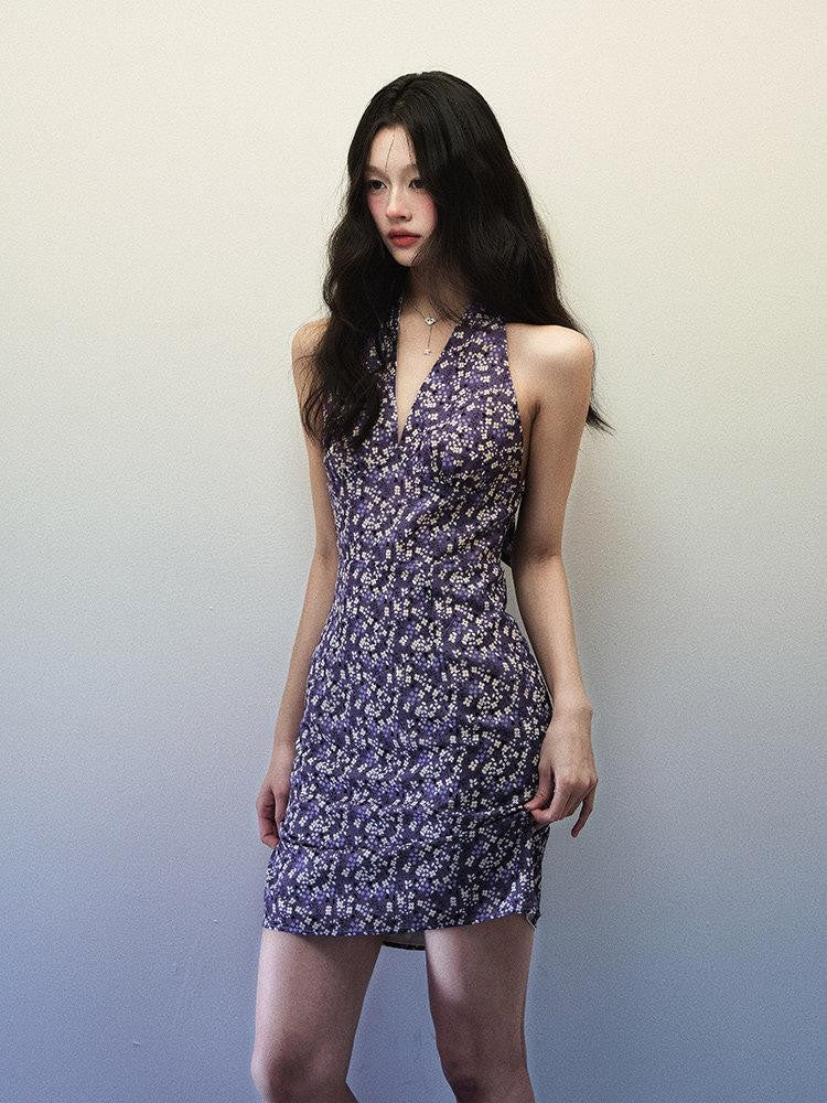 1P STUDIO Purple Floral V-neck Backless Waist Cinch Women&