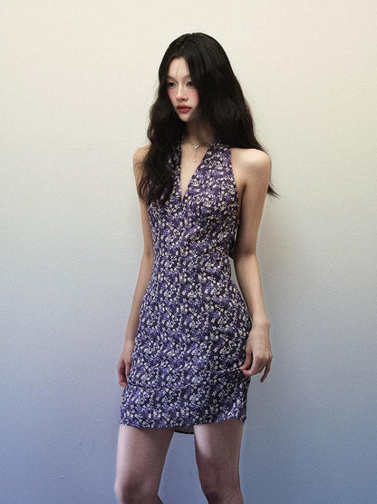 1P STUDIO Purple Floral V-neck Backless Waist Cinch Women&