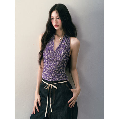 1P_STUDIO_Purple_Floral_V-neck_Slim_Cropped_Sleeveless_Women&