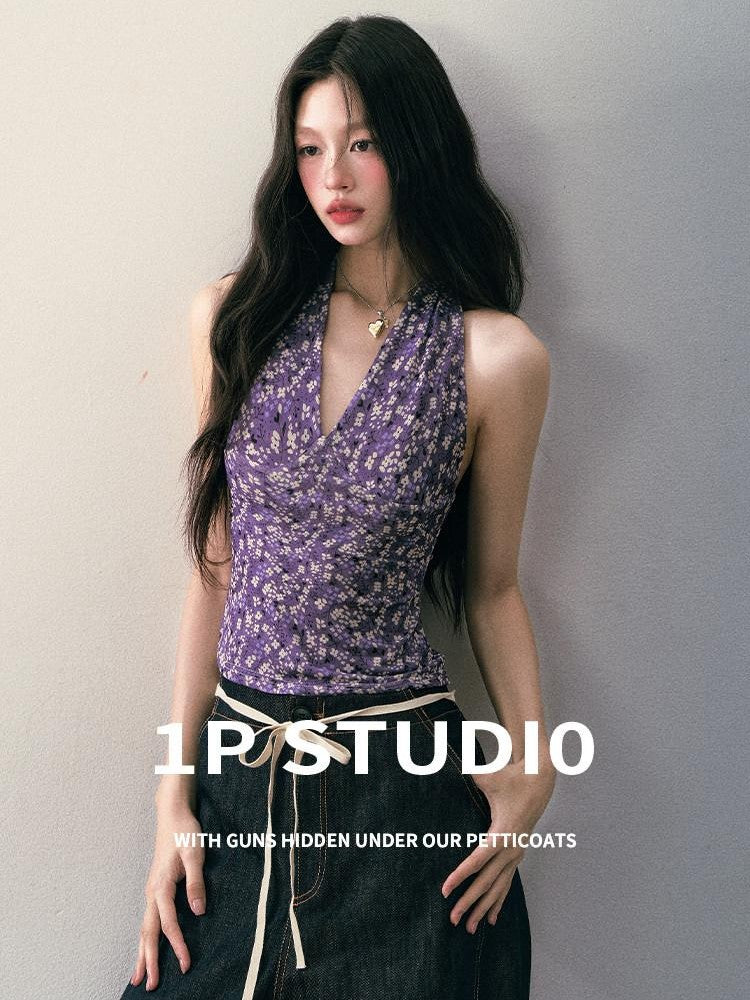 1P STUDIO Purple Floral V-neck Slim Cropped Sleeveless Women&