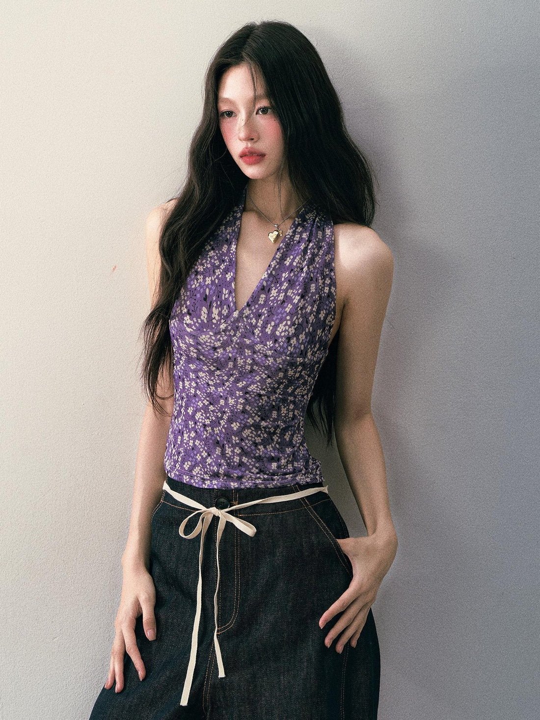 1P STUDIO Purple Floral V-neck Slim Cropped Sleeveless Women&
