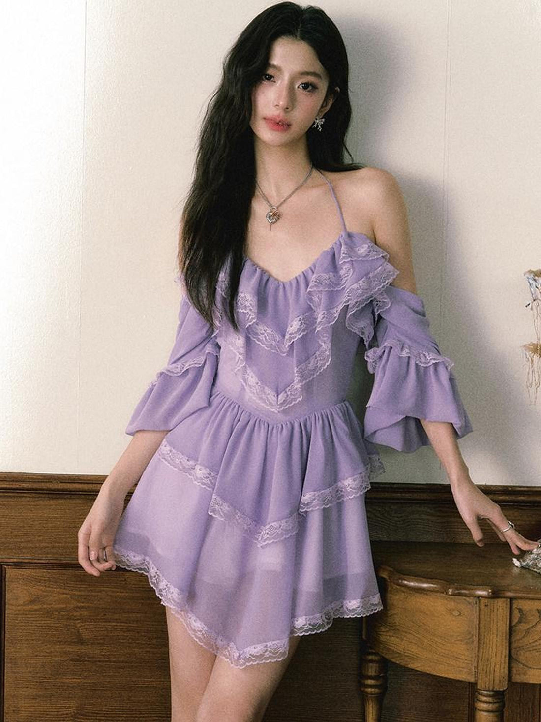 1P STUDIO Purple Lace Halter V Hem Floral Irregular A Line Women&