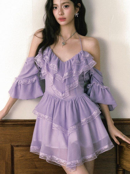 1P STUDIO Purple Lace Halter V Hem Floral Irregular A Line Women&