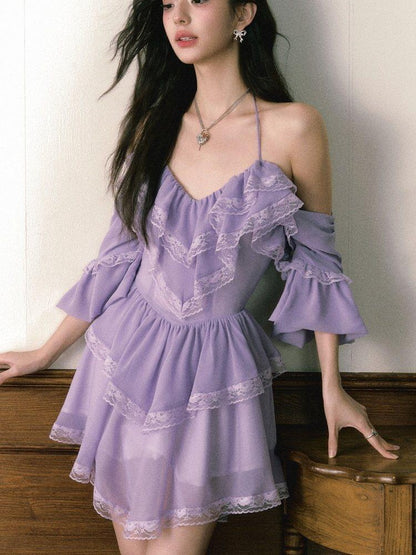 1P STUDIO Purple Lace Halter V Hem Floral Irregular A Line Women&