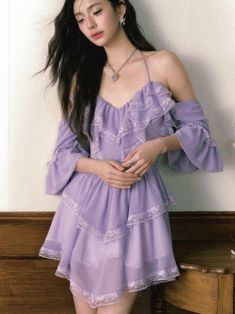 1P STUDIO Purple Lace Halter V Hem Floral Irregular A Line Women&