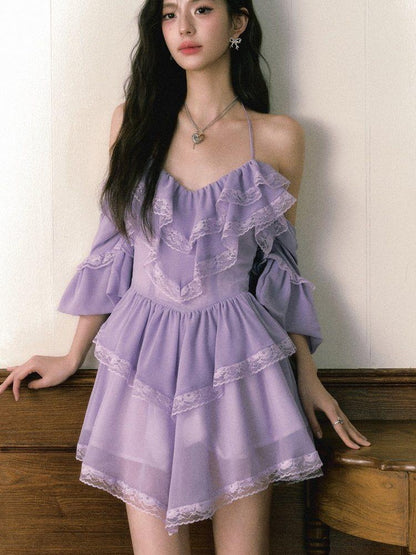 1P STUDIO Purple Lace Halter V Hem Floral Irregular A Line Women&