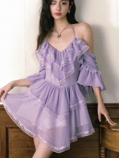 1P STUDIO Purple Lace Halter V Hem Floral Irregular A Line Women&
