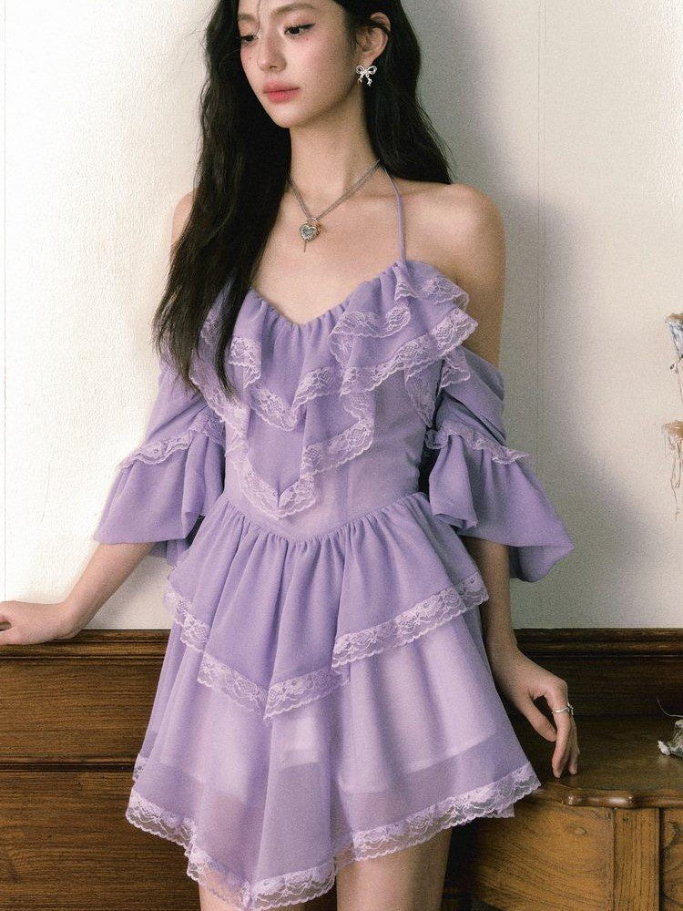 1P STUDIO Purple Lace Halter V Hem Floral Irregular A Line Women&