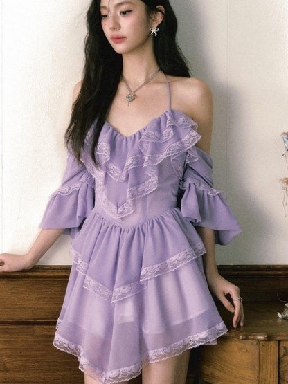 1P STUDIO Purple Lace Halter V Hem Floral Irregular A Line Women&