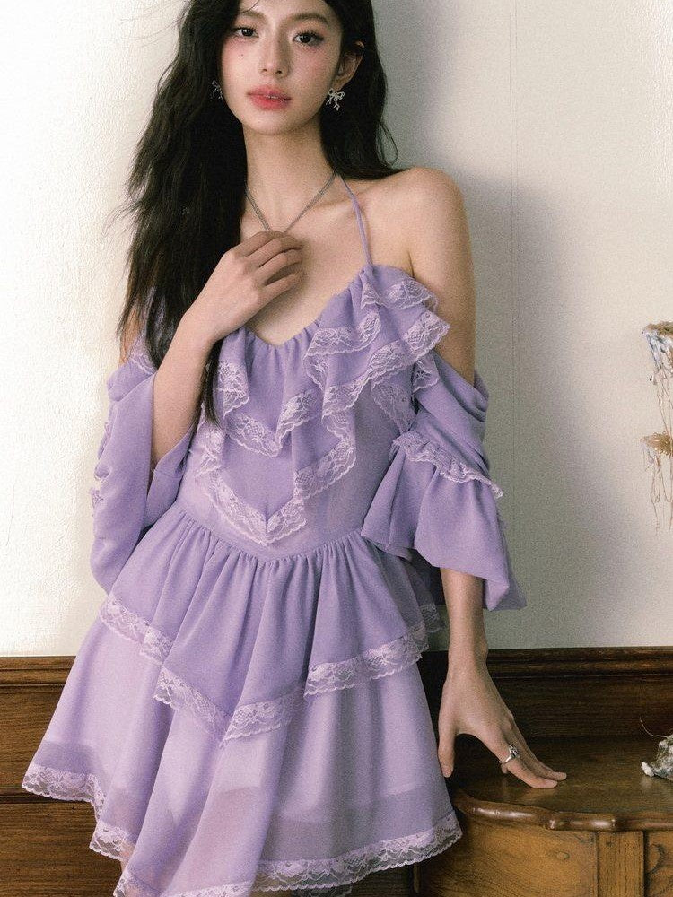 1P STUDIO Purple Lace Halter V Hem Floral Irregular A Line Women&