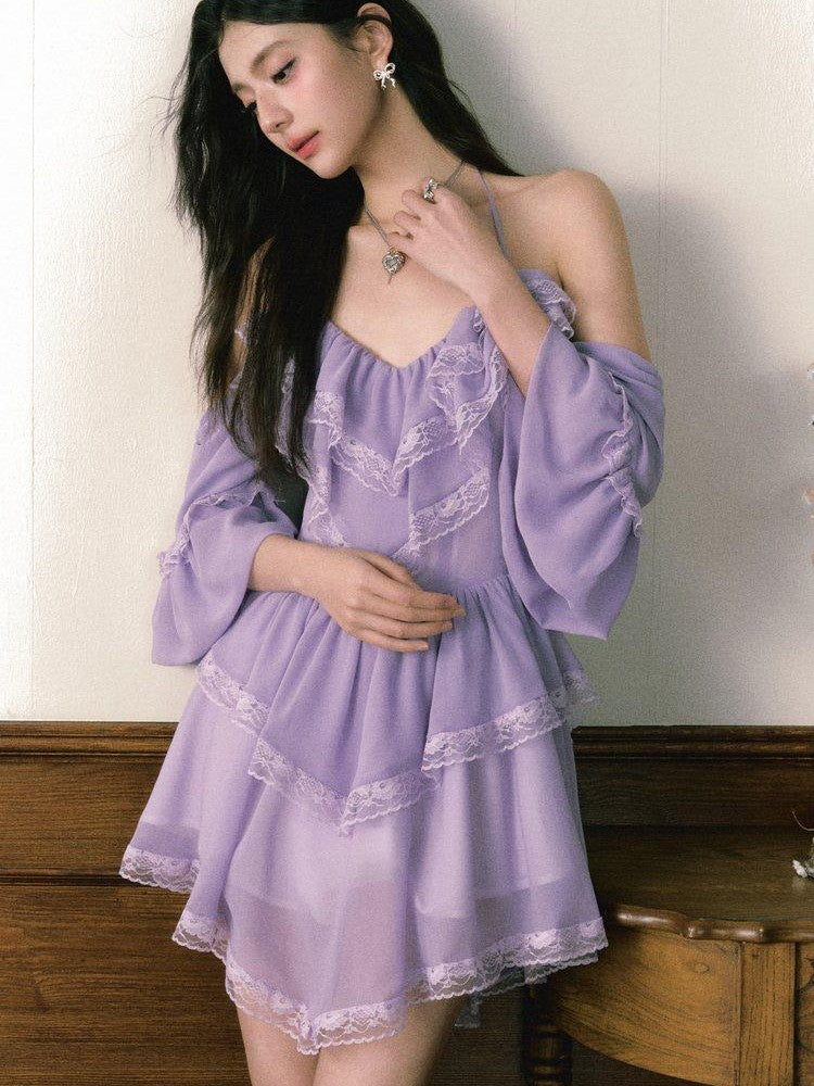 1P STUDIO Purple Lace Halter V Hem Floral Irregular A Line Women&