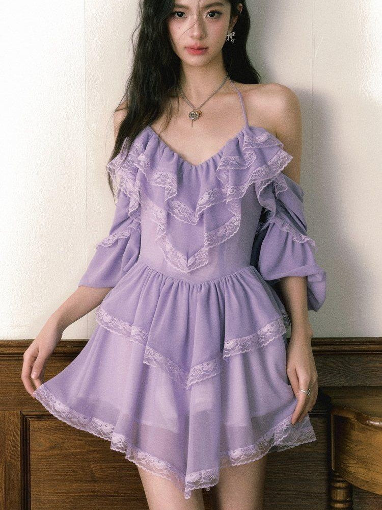 1P STUDIO Purple Lace Halter V Hem Floral Irregular A Line Women&
