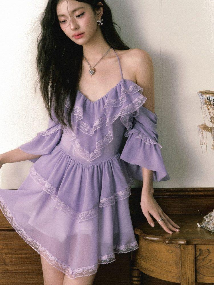 1P STUDIO Purple Lace Halter V Hem Floral Irregular A Line Women&