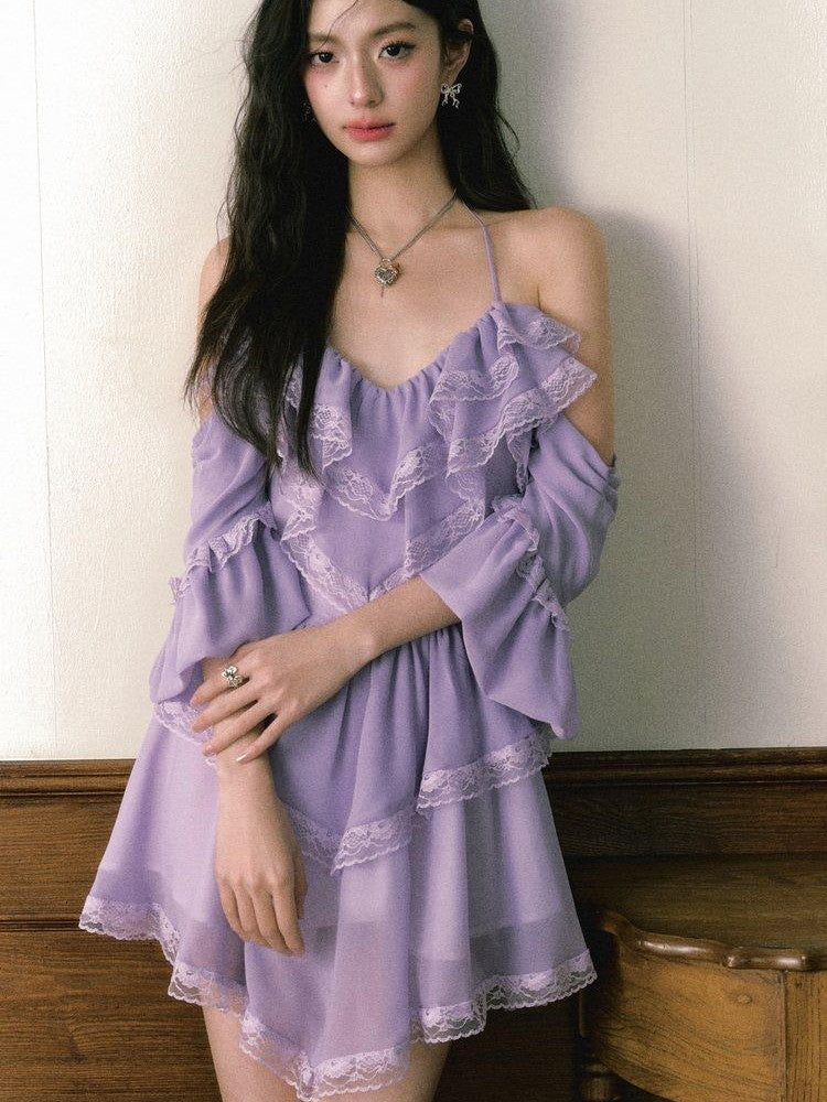 1P STUDIO Purple Lace Halter V Hem Floral Irregular A Line Women&
