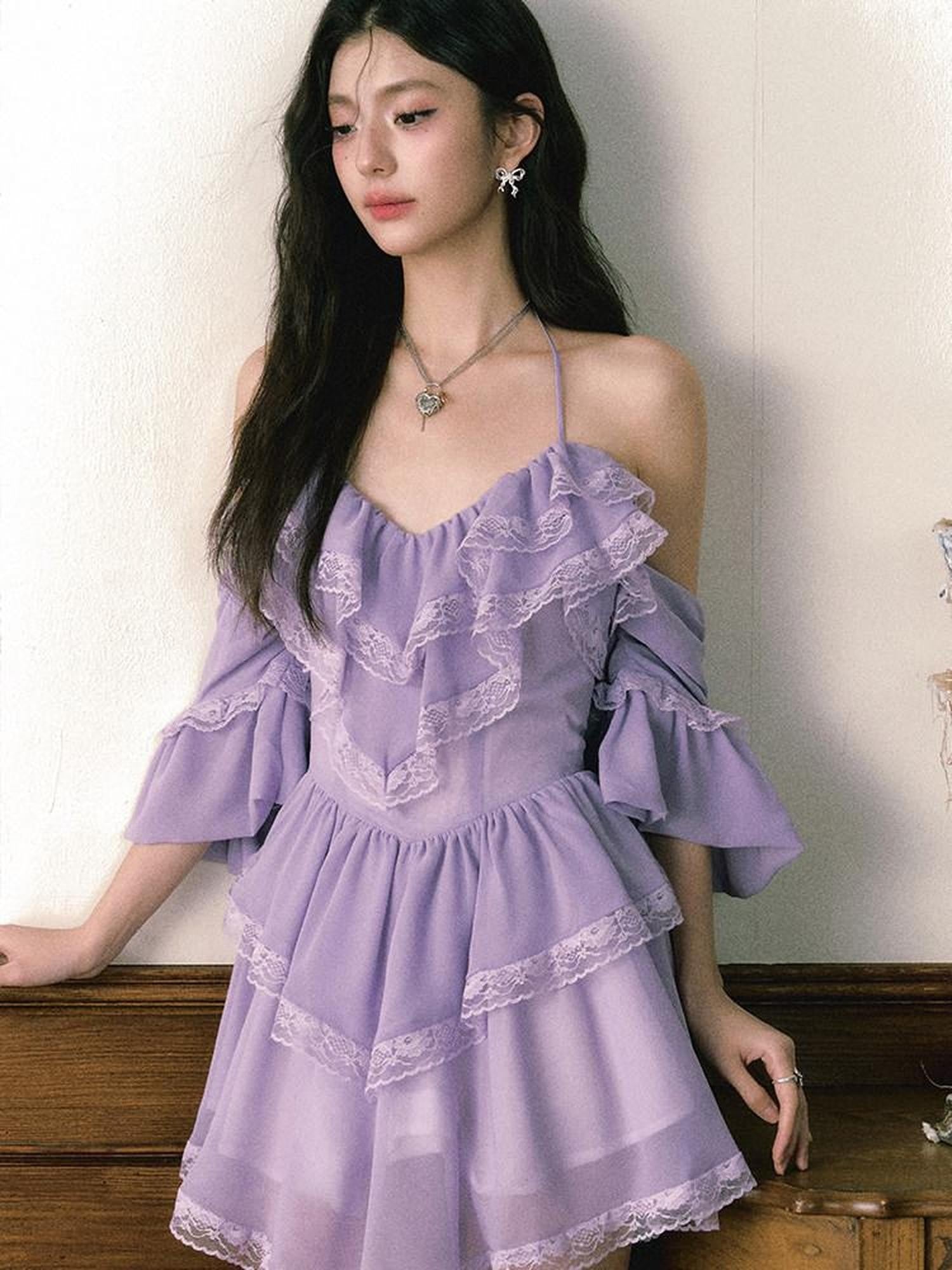 1P STUDIO Purple Lace Halter V Hem Floral Irregular A Line Women&