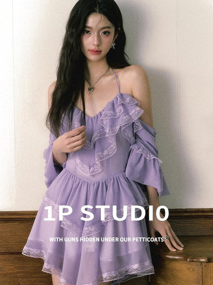 1P STUDIO Purple Lace Halter V Hem Floral Irregular A Line Women&