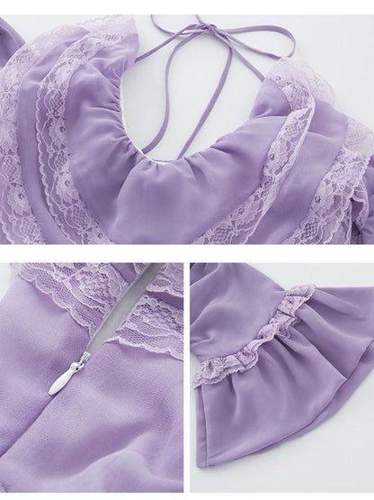 1P STUDIO Purple Lace Halter V Hem Floral Irregular A Line Women&