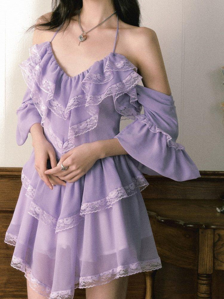 1P STUDIO Purple Lace Halter V Hem Floral Irregular A Line Women&