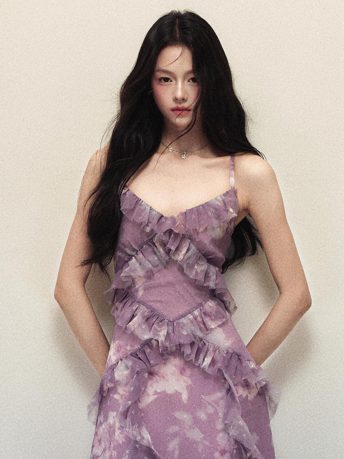 1P STUDIO Purple Ombre Print Irregular Ruffle Women&