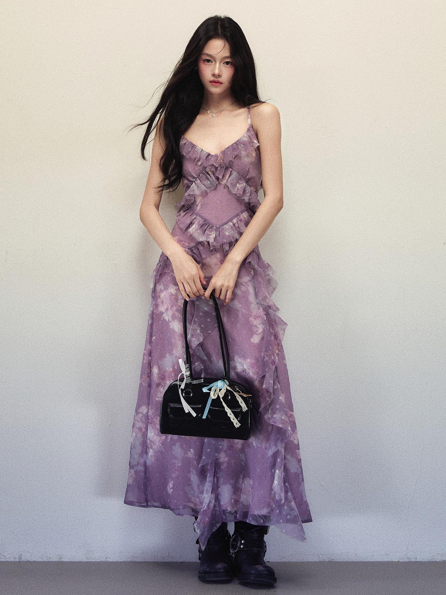 1P STUDIO Purple Ombre Print Irregular Ruffle Women&