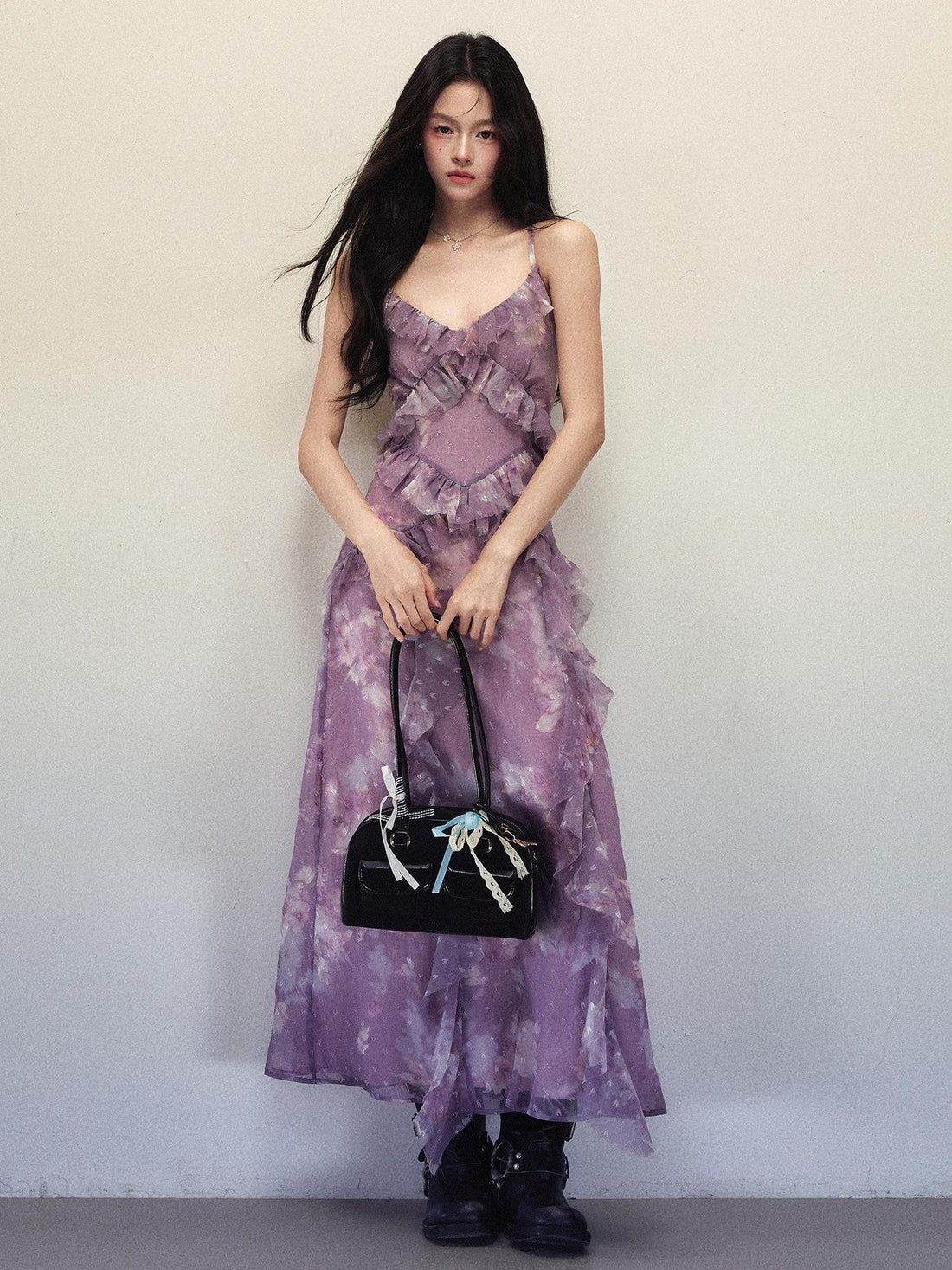 1P STUDIO Purple Ombre Print Irregular Ruffle Women&