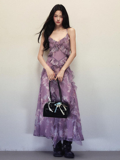 1P STUDIO Purple Ombre Print Irregular Ruffle Women&