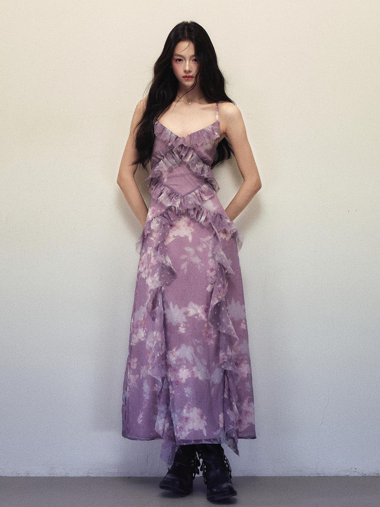 1P STUDIO Purple Ombre Print Irregular Ruffle Women&