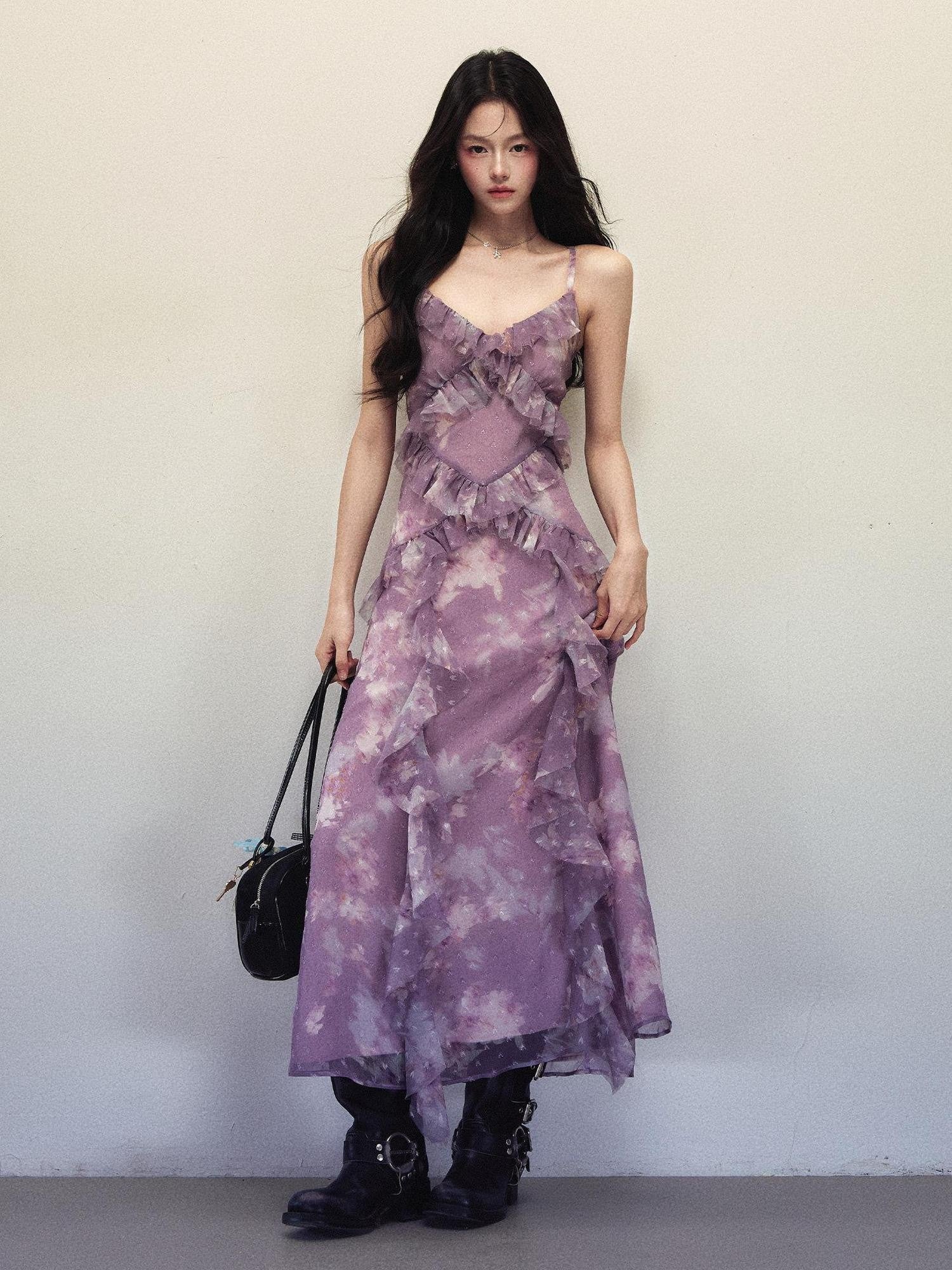 1P STUDIO Purple Ombre Print Irregular Ruffle Women&