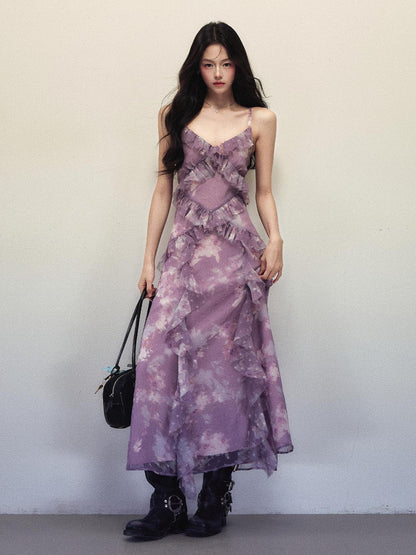 1P STUDIO Purple Ombre Print Irregular Ruffle Women&