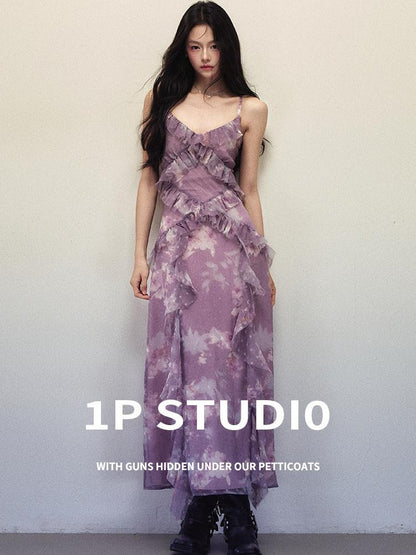 1P STUDIO Purple Ombre Print Irregular Ruffle Women&