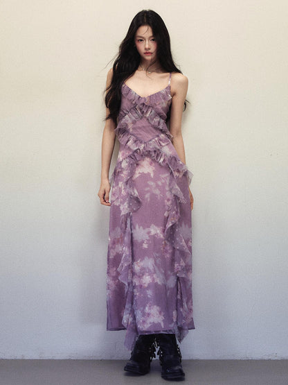 1P STUDIO Purple Ombre Print Irregular Ruffle Women&