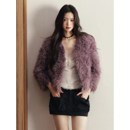 1P_STUDIO_Purple_V-neck_Short_Straight_Solid_Curly_Women&