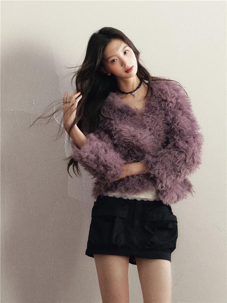 1P STUDIO Purple V-neck Short Straight Solid Curly Women&