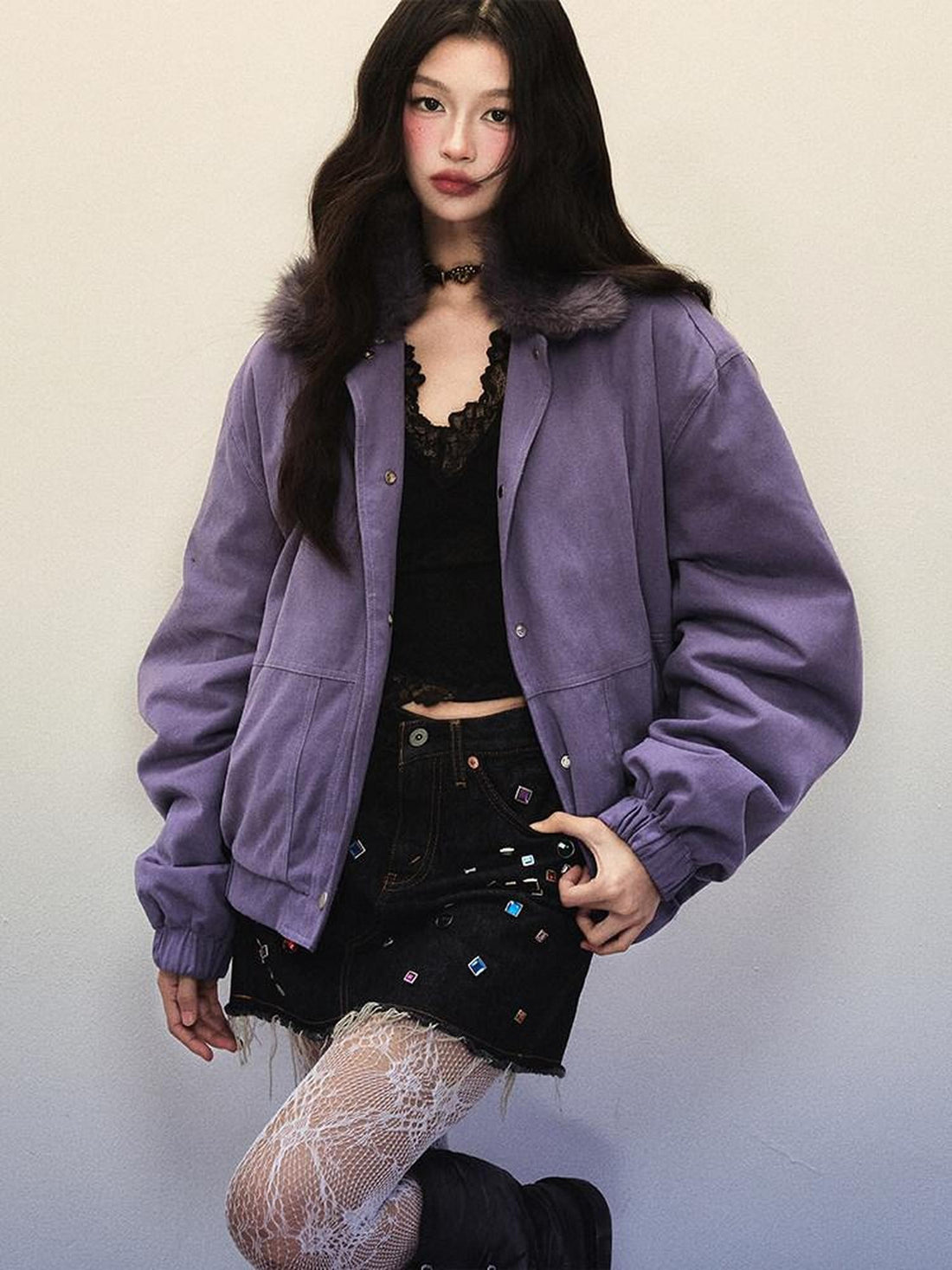 1P STUDIO Purple Workwear Oversized Padded Detachable Fur Collar Women&