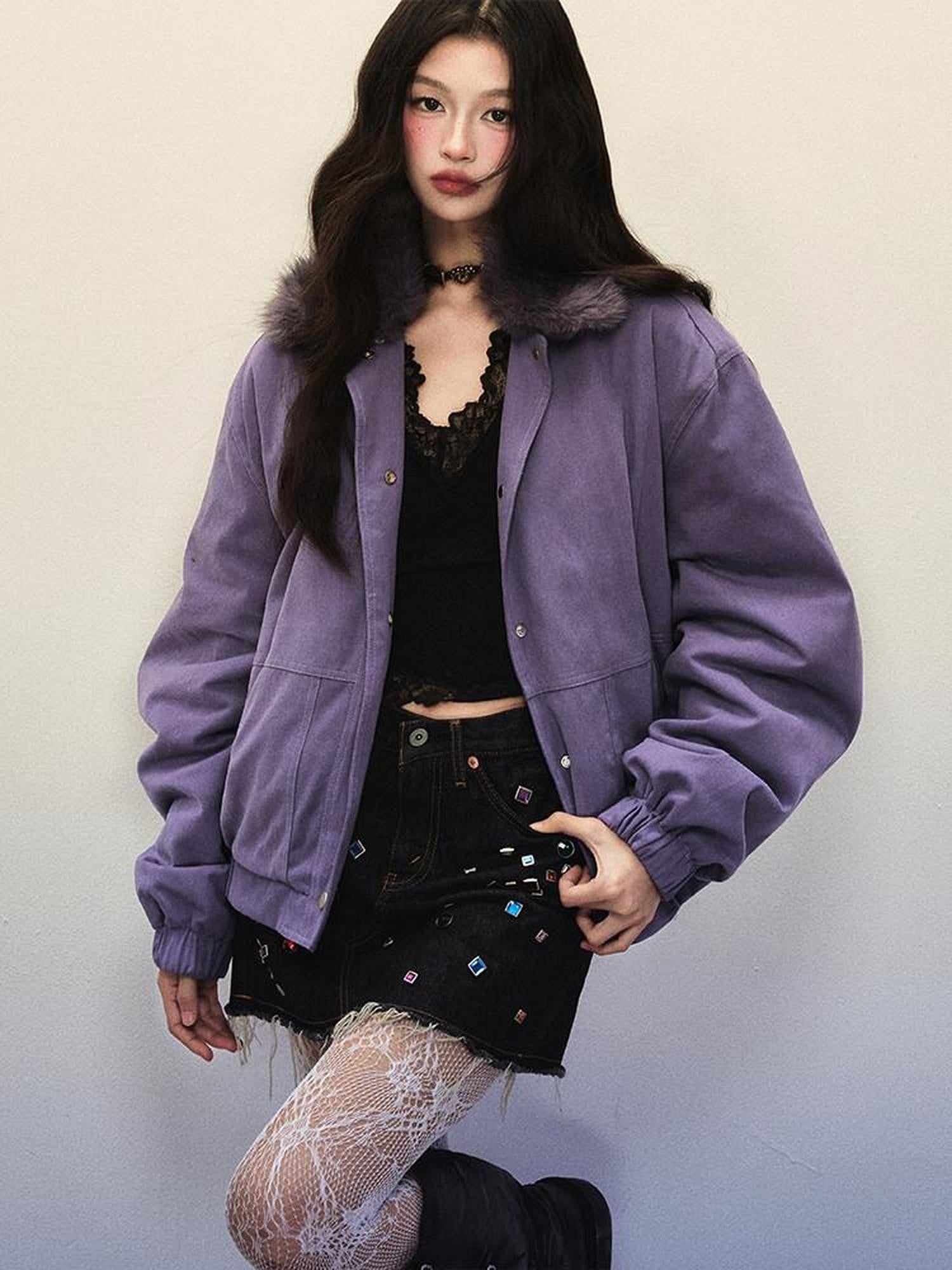 1P STUDIO Purple Workwear Oversized Padded Detachable Fur Collar Women&