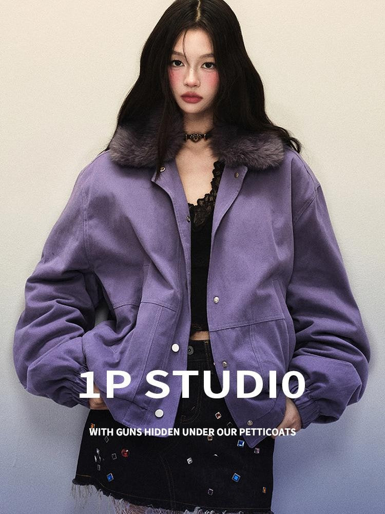1P STUDIO Purple Workwear Oversized Padded Detachable Fur Collar Women&